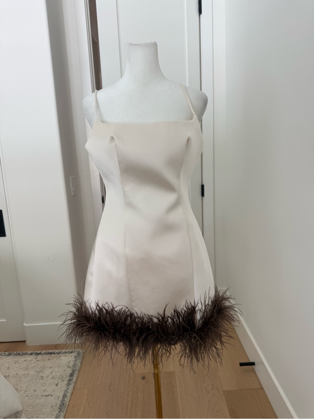 Zara Viral Feather Trim Mini Dress Ivory Brown Size S NWT - Picture 3 of 9